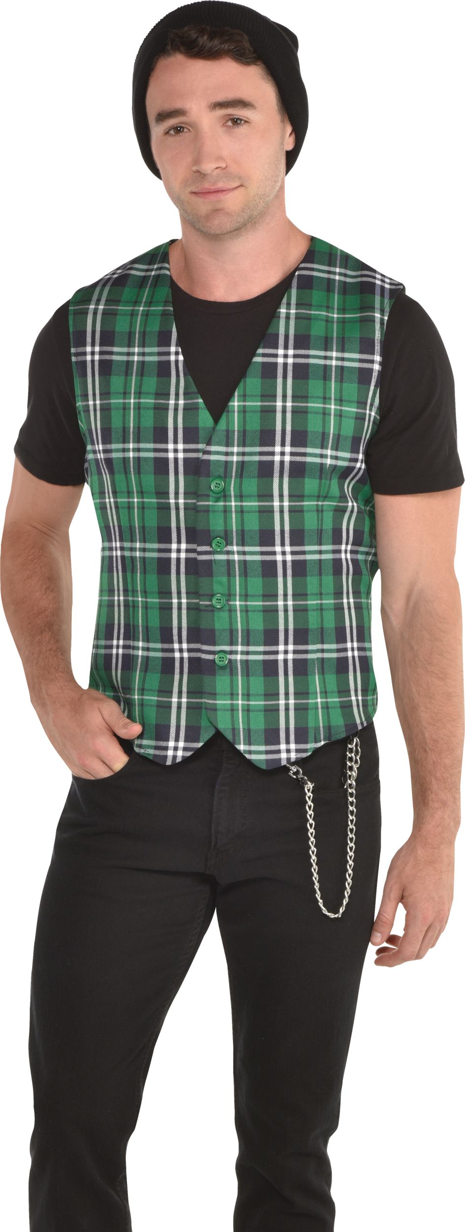 Adult Green Tartan Plaid Vest Front_Flat