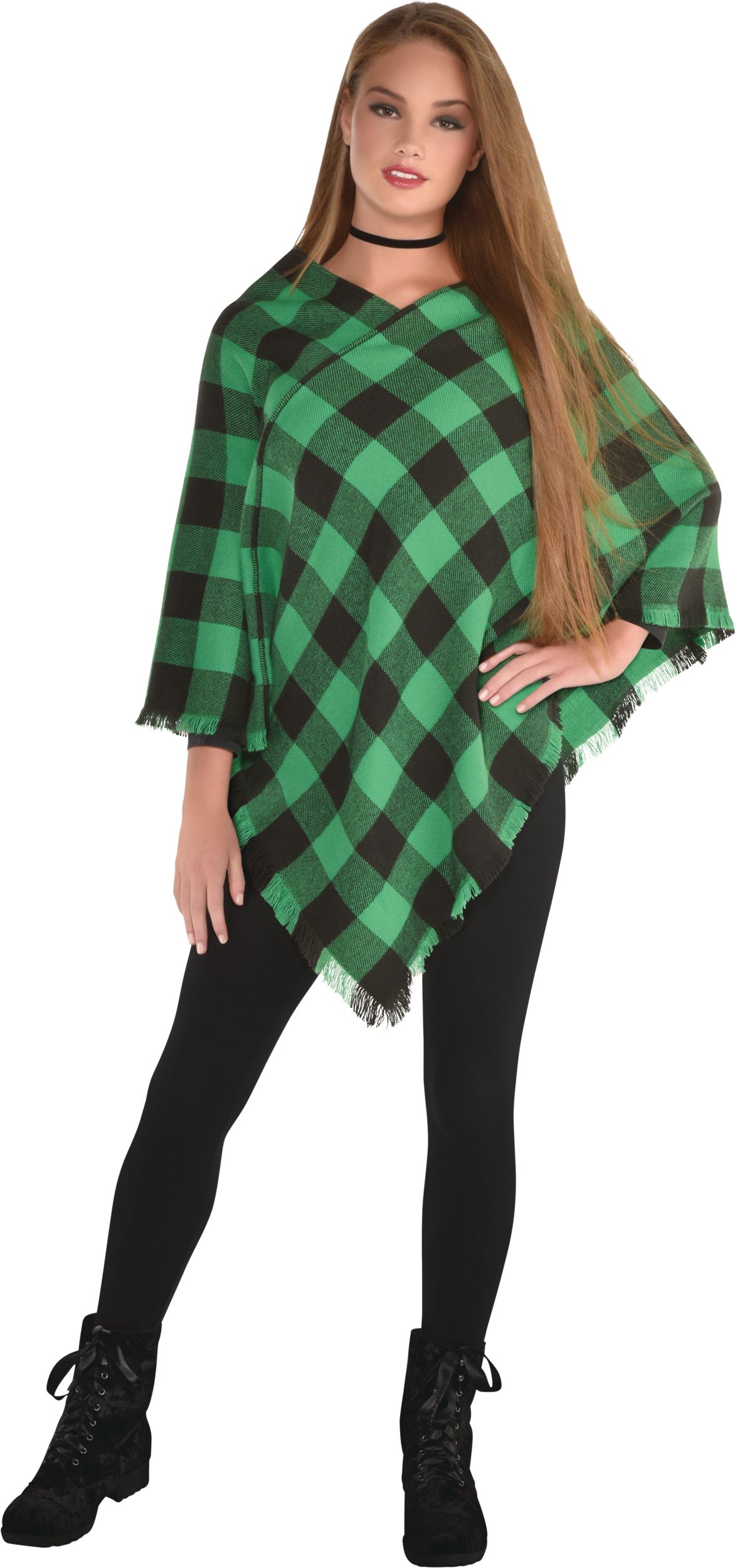 Womens Green Checkered Plaid Poncho Front_Flat