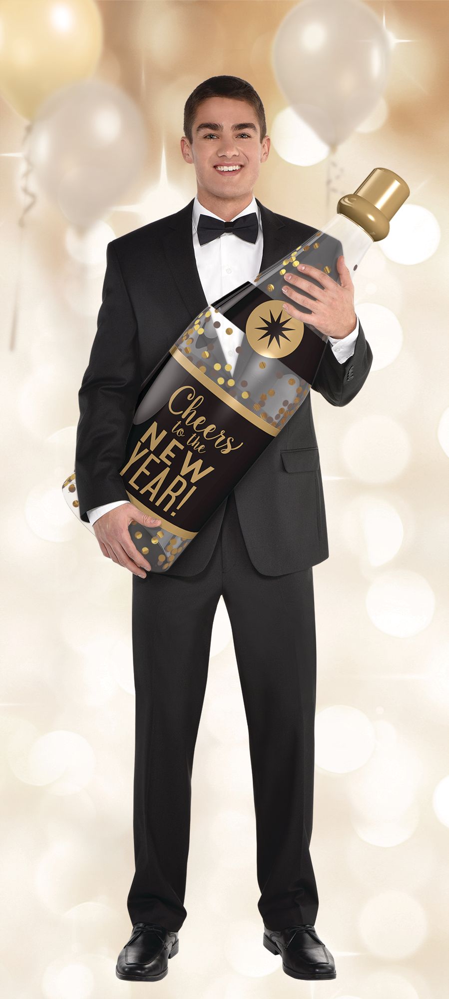 "Cheers to the New Year" Inflatable Champagne Bottle Photo Prop, Black/Gold, 3-ft, Wearable Prop for New Years Eve Front_Flat