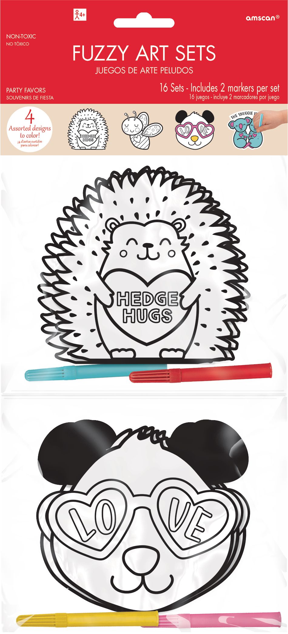 "Hedge Hugs" Hedgehog/Bumblebee/Panda/Koala Colour Your Own Art Set with Markers, Black/White, 16-pk, for Valentine's Day Front_Flat