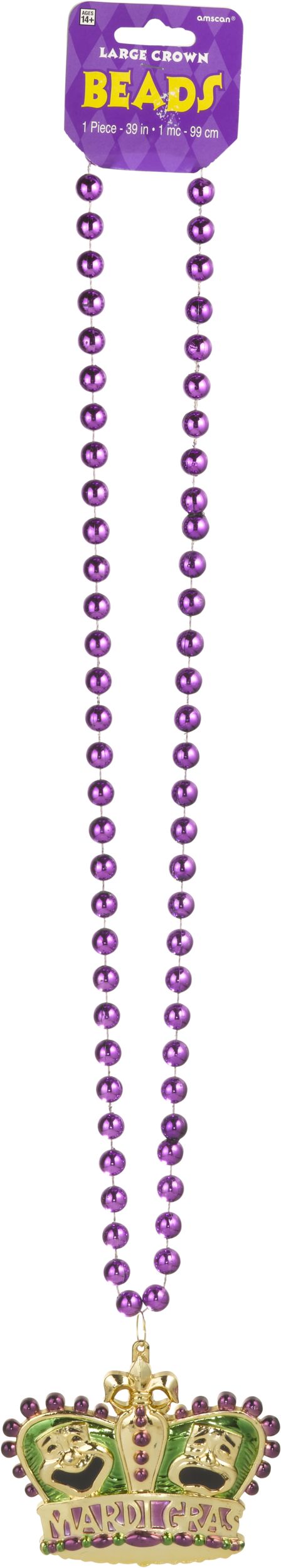 Crown Pendant Bead Necklace, Gold/Green/Purple, One Size, for Mardi Gras Front_Flat