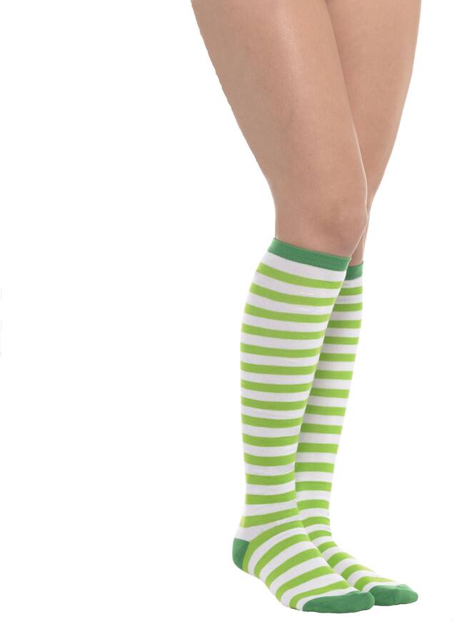 Green & White Striped Knee-High Socks Front_Angled_Right