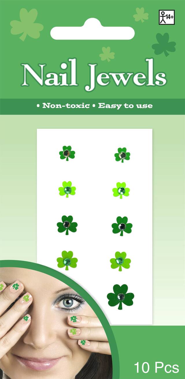 Jewel Shamrock Nail Stickers, Green, 1 Sheet, 10-pk, for St. Patrick's Day Nail Stickers Front_Flat