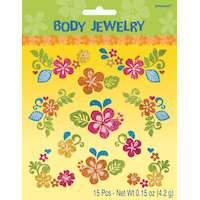 Hibiscus Flower Glitter Body Jewellery Wearable Stickers, Multi-Coloured, 15-pk, for Summer Party Front_Flat