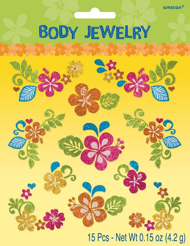 Hibiscus Flower Glitter Body Jewellery Wearable Stickers, Multi-Coloured, 15-pk, for Summer Party Front_Flat