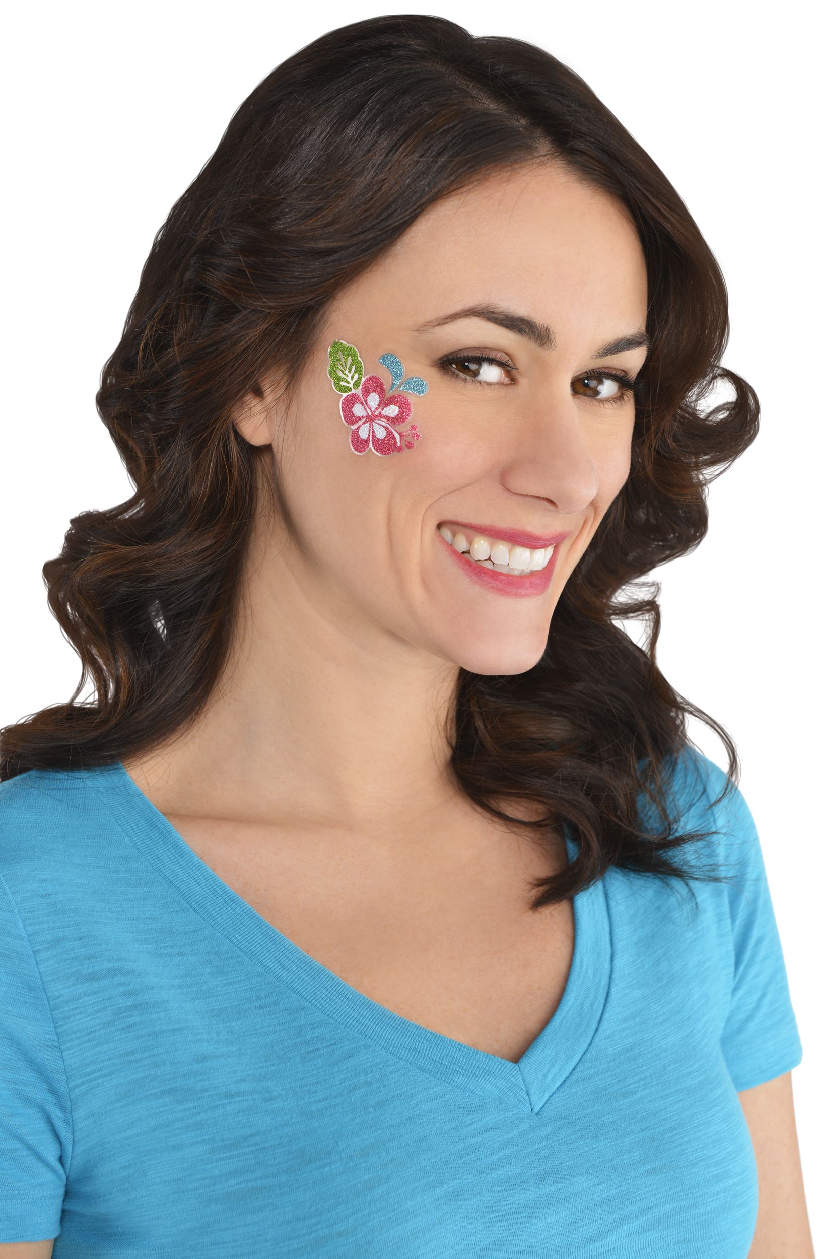Hibiscus Flower Glitter Body Jewellery Wearable Stickers, Multi-Coloured, 15-pk, for Summer Party Front_Angled_Left