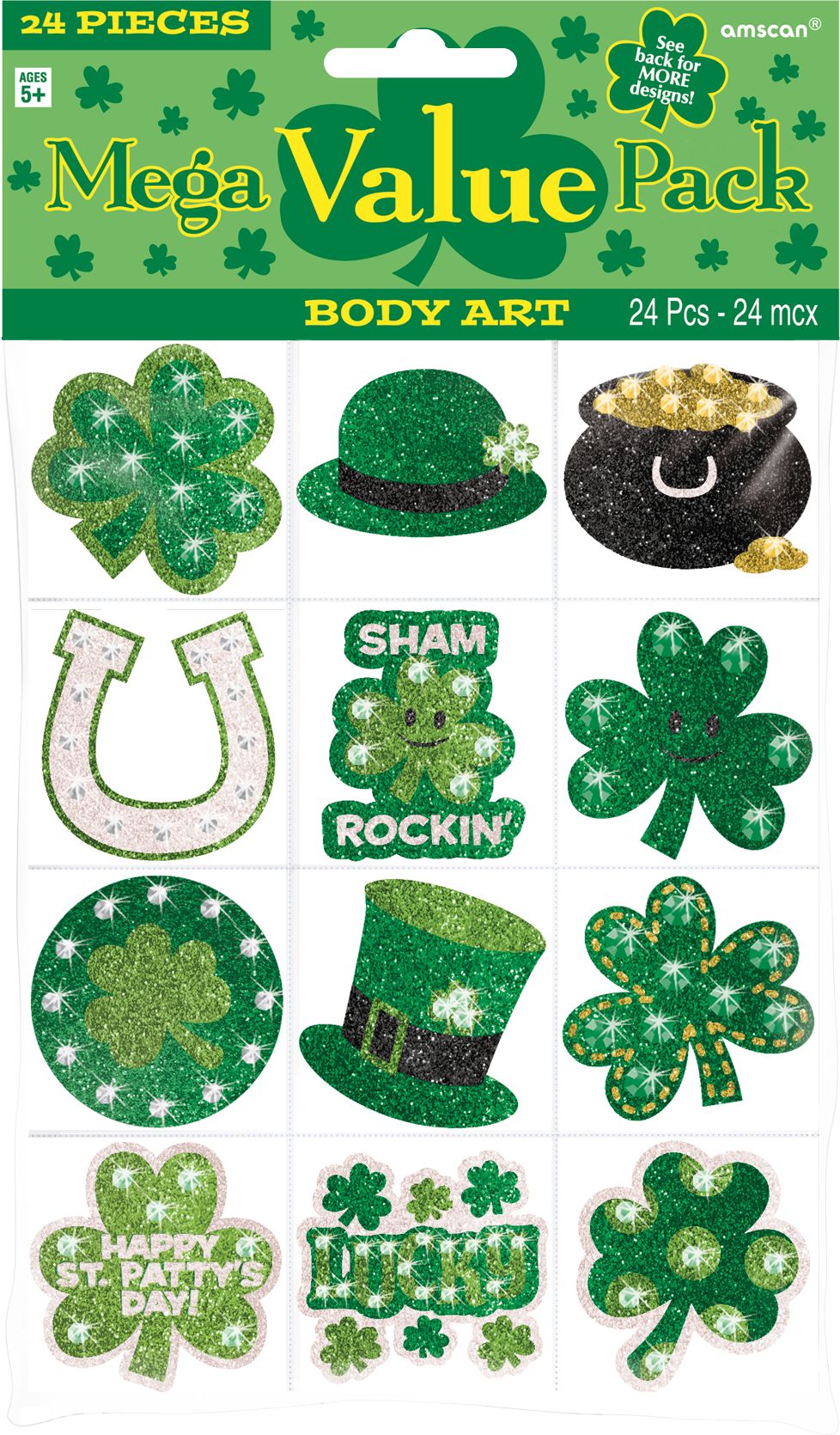 "100% Lucky" Shamrock Glitter Body Jewellery Wearable Stickers, Green/Orange, 24-pk, for St. Patrick's Day Front_Flat