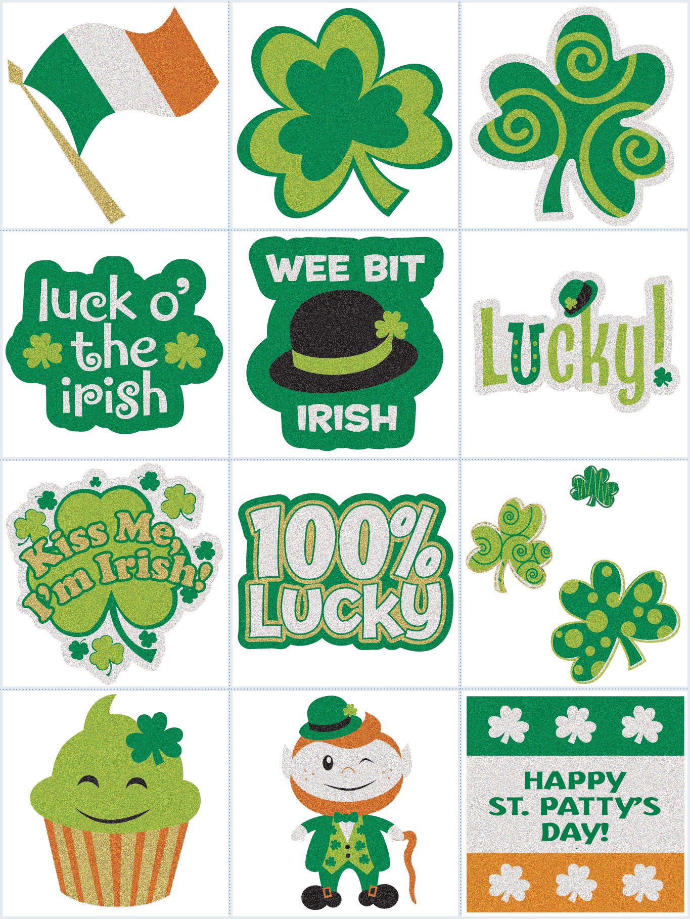 "100% Lucky" Shamrock Glitter Body Jewellery Wearable Stickers, Green/Orange, 24-pk, for St. Patrick's Day Front_Flat