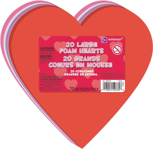 Heart Foam Table & Wall Cutout Decorations, Red/Pink/Purple, 6-in, 20-pk, for Valentine's Day Front_Angled_Right