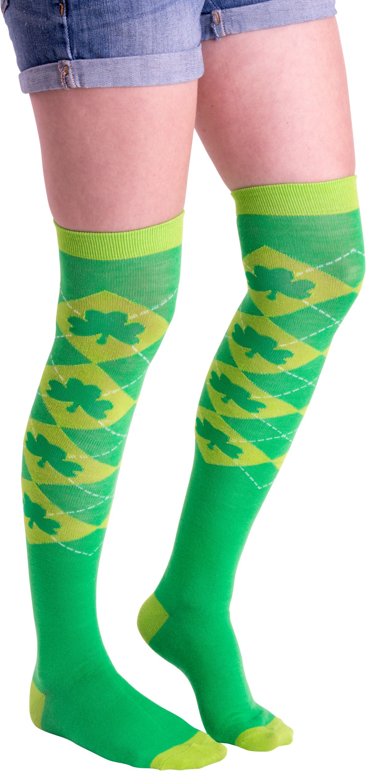 Green Argyle Shamrock Over-the-Knee Socks Front_Angled_Right