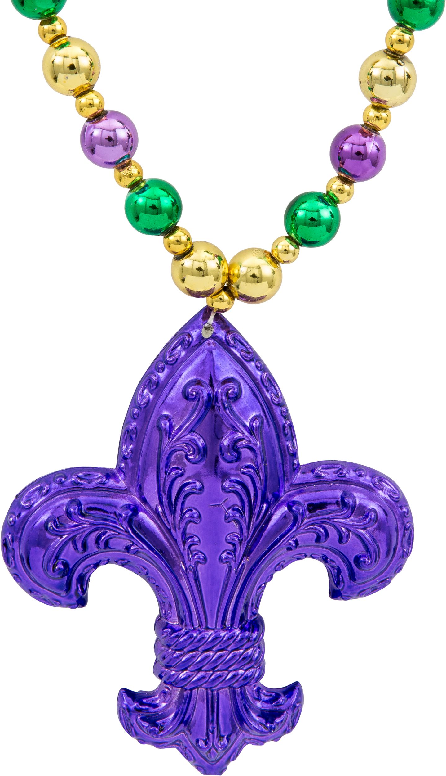 Fleur-de-Lis Bead Necklace, Gold/Green/Purple, One Size, for Mardi Gras CloseUp