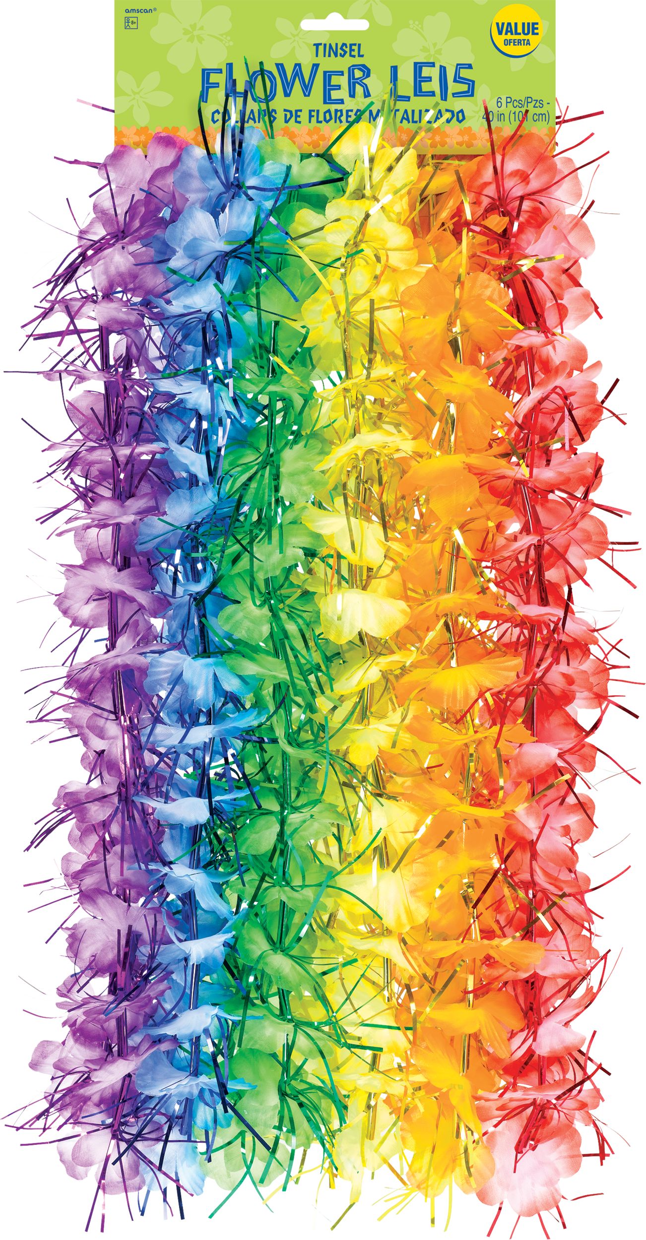 Floral Tinsel Lei Wearables, Multi-Coloured, One Size, 6-pk, for Tropical Theme Party Front_Flat