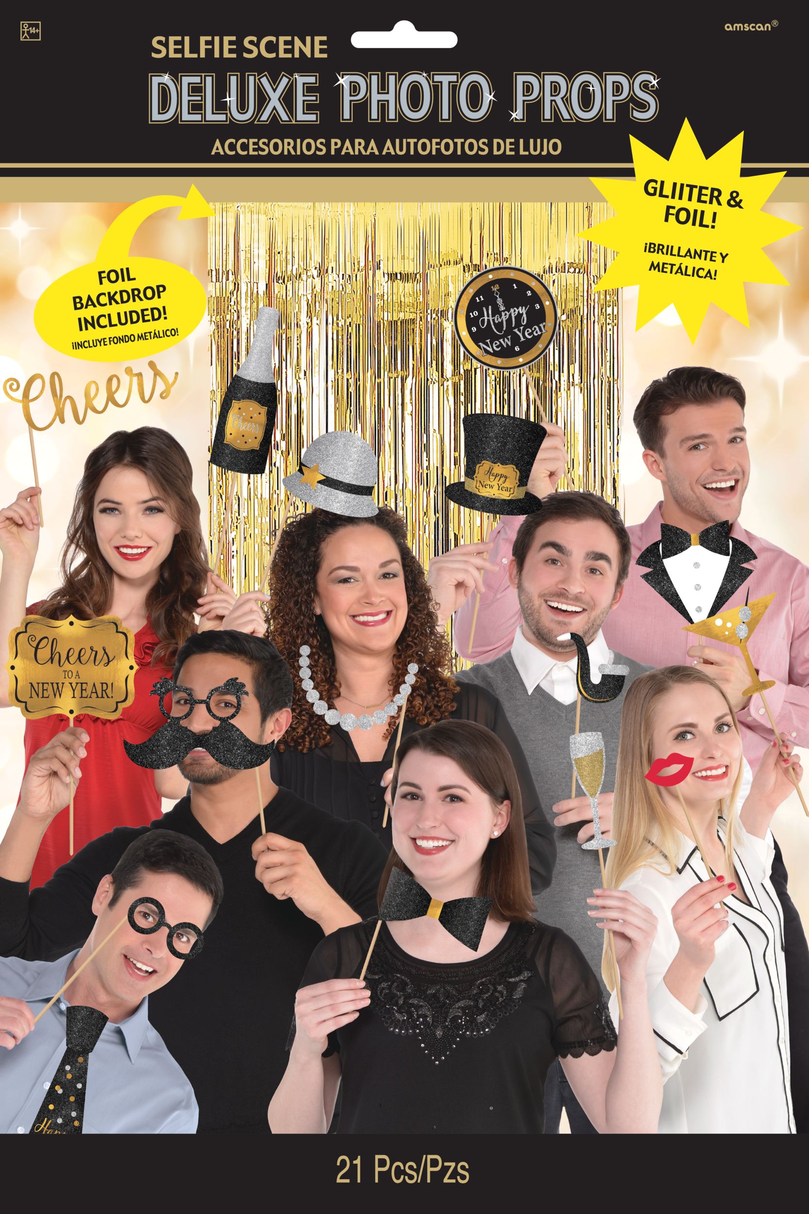 Black, Gold, & Silver New Year's Photo Booth Kit, 21-pc Front_Flat