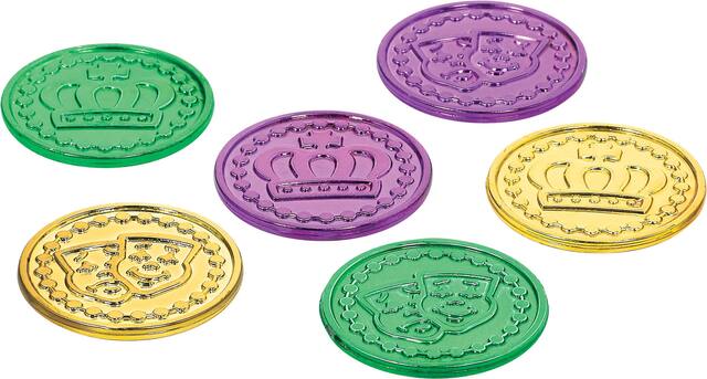 Crown Coins, Green/Purple/Gold, 100-pk, for Mardi Gras Front_Elevated