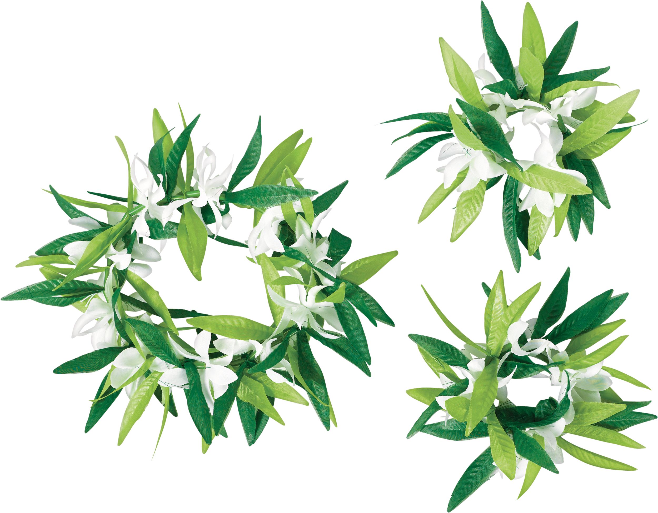 Floral & Leaf Maile Lei Wearable Head & Wrist Lei Set, Green/White, One Size, 3-pk, for Summer Party Composite_or_Mixed