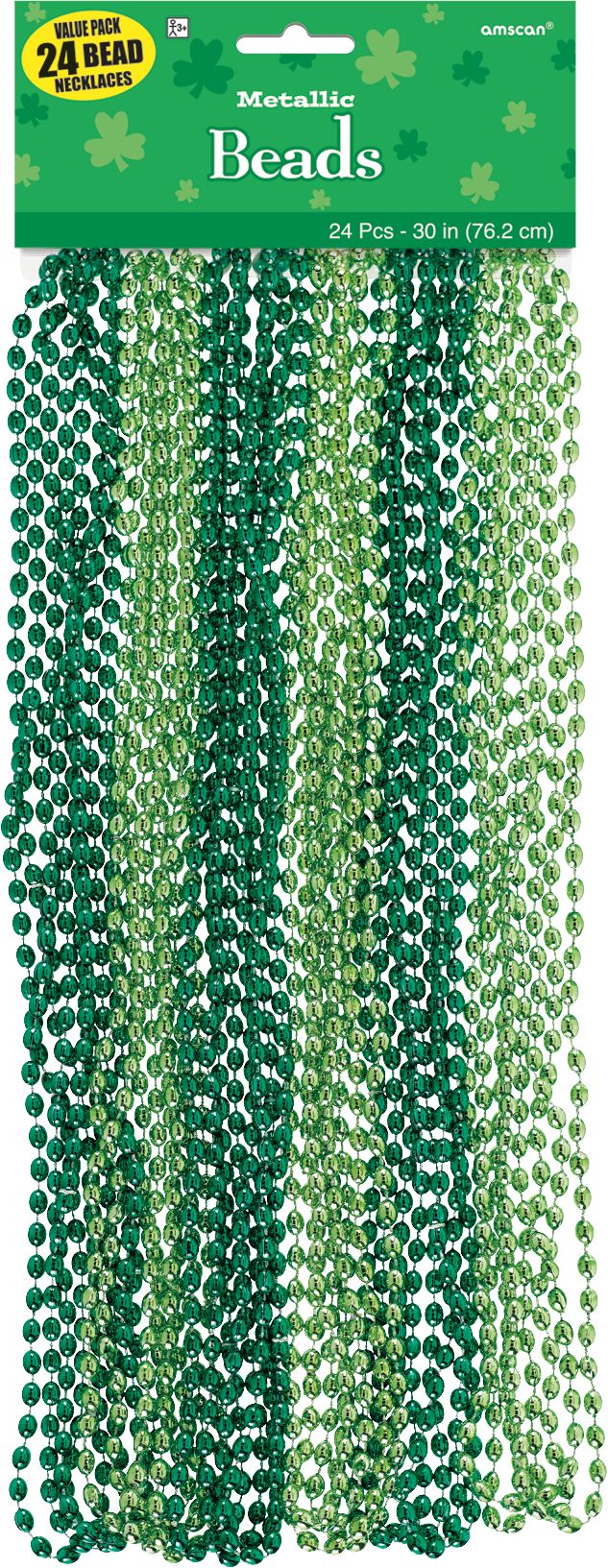 Bead Necklaces, Green, One Size, 24-pk, for St. Patrick's Day Party Front_Flat