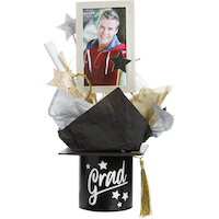 "Grad" Grad Cap DIY Customizable Sign Table Centerpiece Decoration, Black/Silver, 12-in, for Graduation Front_Flat