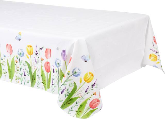 Spring Tulip Garden Rectangle Plastic Reusable Table Cover, White/Pink/Purple, Floral, 52x90-in, for Easter/Mother's Day/Brunch Front_Angled_Left
