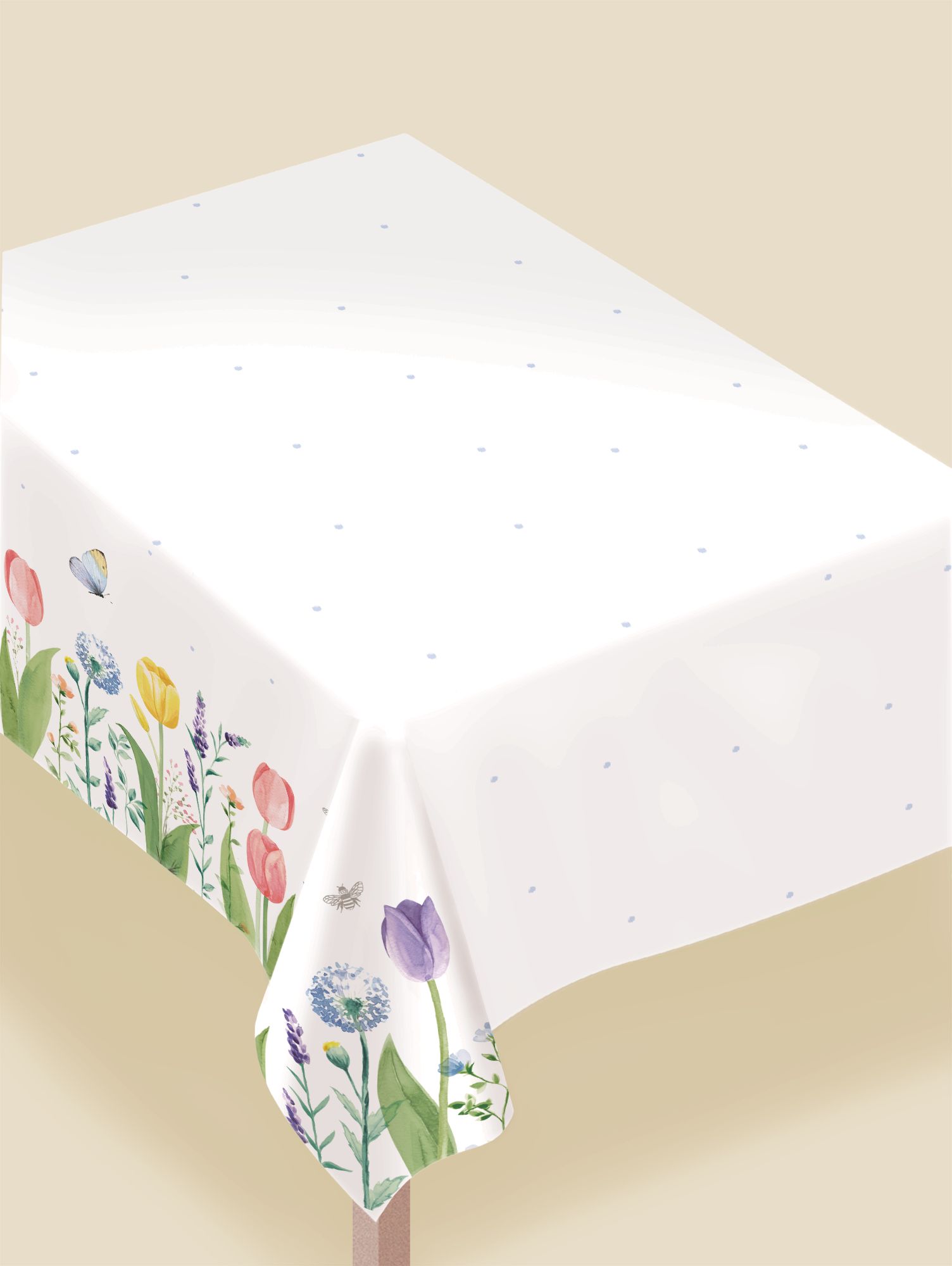 Spring Tulip Garden Rectangle Plastic Reusable Table Cover, White/Pink/Purple, Floral, 52x90-in, for Easter/Mother's Day/Brunch Front_Angled_Right