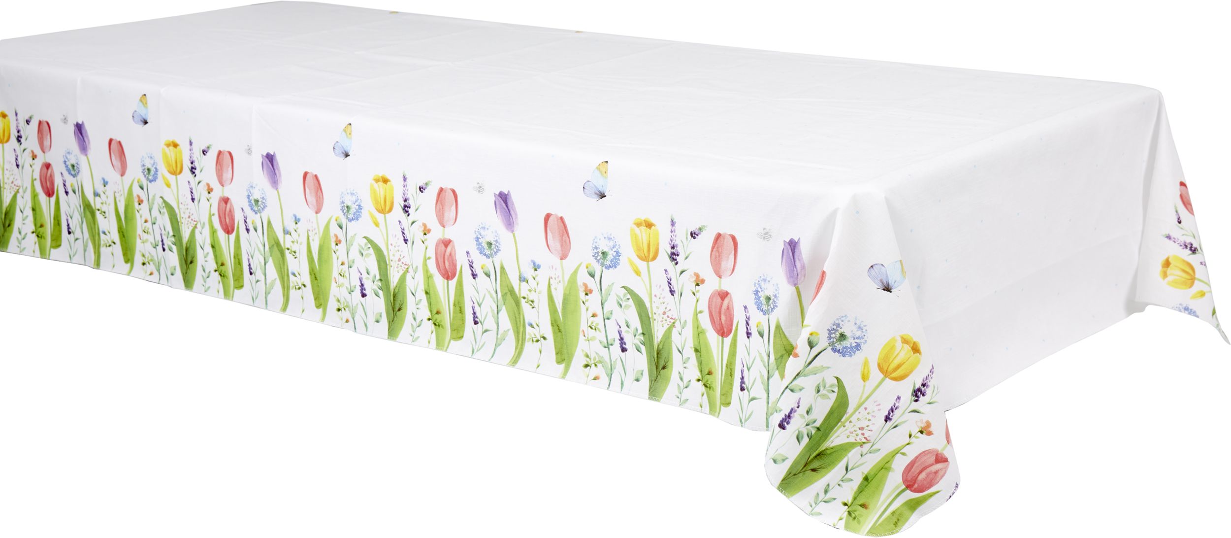 Spring Tulip Garden Rectangle Plastic Reusable Table Cover, White/Pink/Purple, Floral, 52x90-in, for Easter/Mother's Day/Brunch Front_Angled_Left