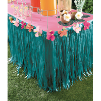 Rectangle Plastic Fringe Grass Reusable Table Skirt, Blue, Floral, 9x2.5-ft, for Summer Party Composite_or_Mixed