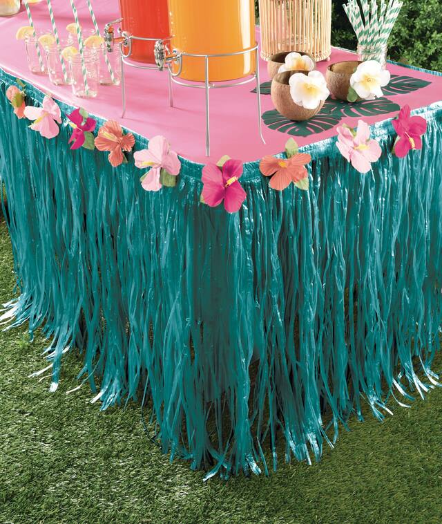 Rectangle Plastic Fringe Grass Reusable Table Skirt, Blue, Floral, 9x2.5-ft, for Summer Party Composite_or_Mixed