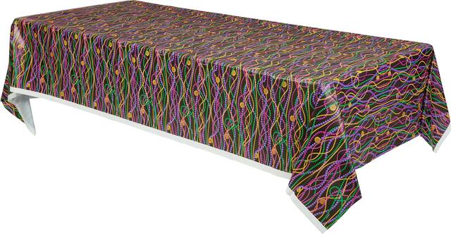 Rectangle Plastic Reusable Table Cover, Purple/Green, 54x96-in, for Mardi Gras Front_Angled_Left