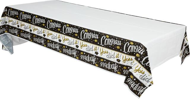 Black, White, & Gold Congrats Graduate Table Cover Front_Angled_Left