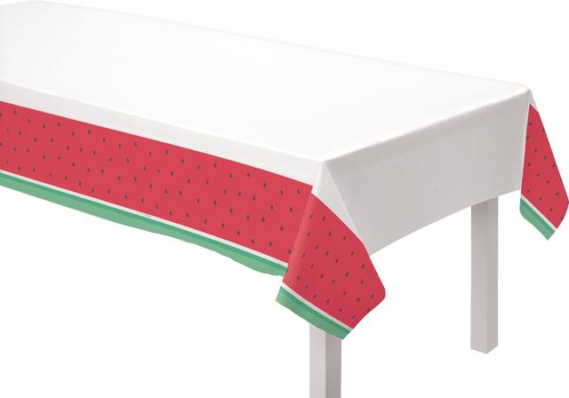 Tutti Frutti Rectangle Plastic Reusable Table Cover, Red/White, Watermelon, 54x96-in, for Summer Party Front_Angled_Left