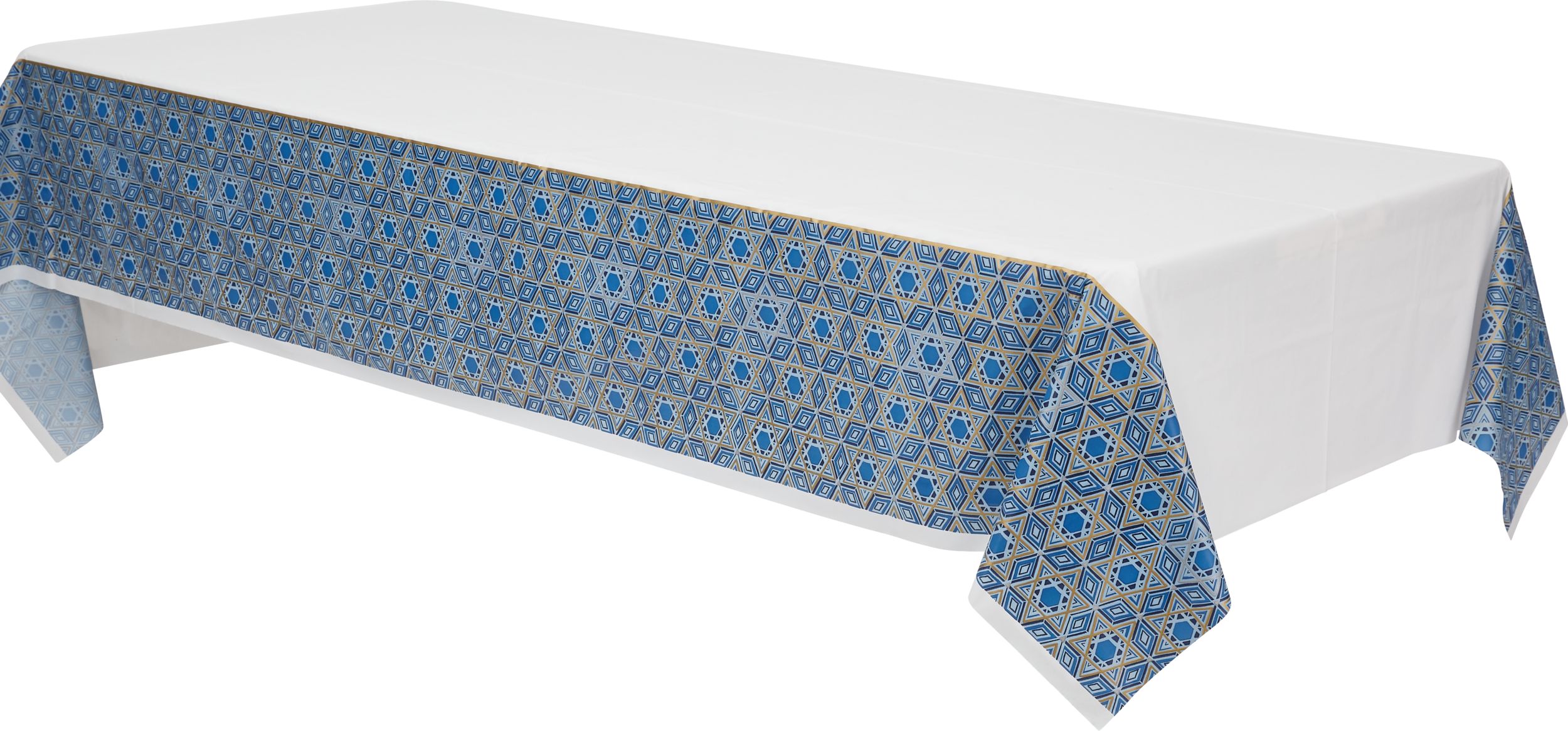 Festival of Lights Rectangle Plastic Reusable Table Cover, White/Blue, Star, 54x102-in, for Hannukah Front_Angled_Left