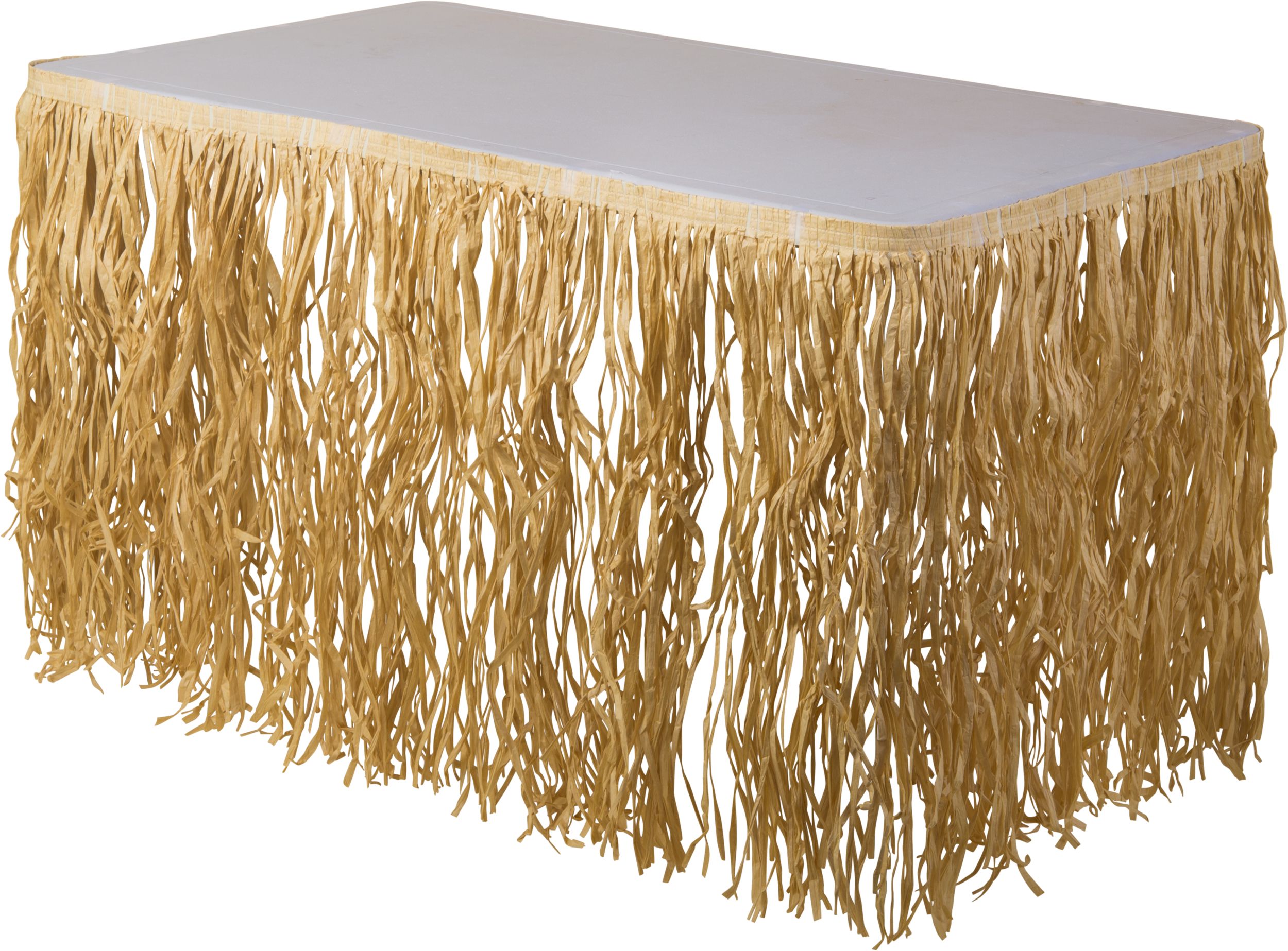 Rectangle Plastic Fringe Grass Reusable Table Skirt, Tan, 28x9-in, for Summer Party Front_Angled_Left