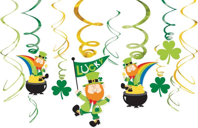 Lucky Leprechaun Swirl Hanging Decorations, Green/Gold, 10-in, 12-pk, for St. Patrick's Day Decorations Front_Flat