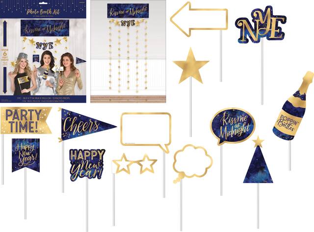 New Year's Eve Photo Booth Backdrop with Props, 14-pc Front_Flat