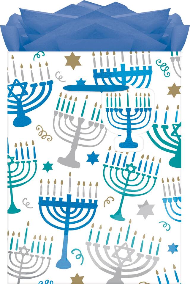 Paper Gift Bag, Blue/White, Menorah, 9-in, for Hanukkah Front_Flat