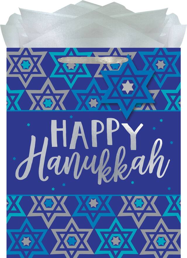 "Happy Hanukkah" Paper Gift Bag, Blue/Silver, 10-in, for Hanukkah Front_Flat