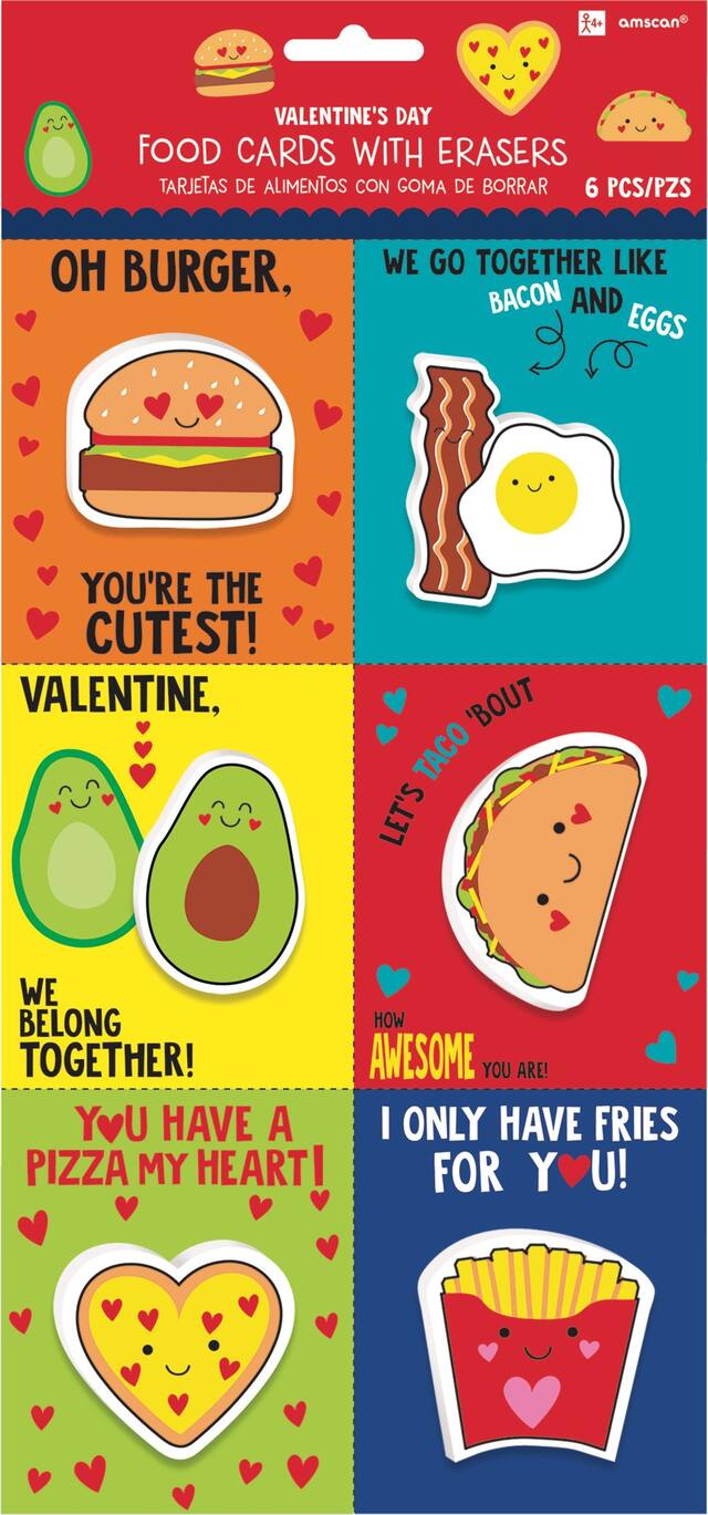 Cartes de la Saint-Valentin, motif d'aliments et cadeaux-surprises, paq. 6 Front_Flat