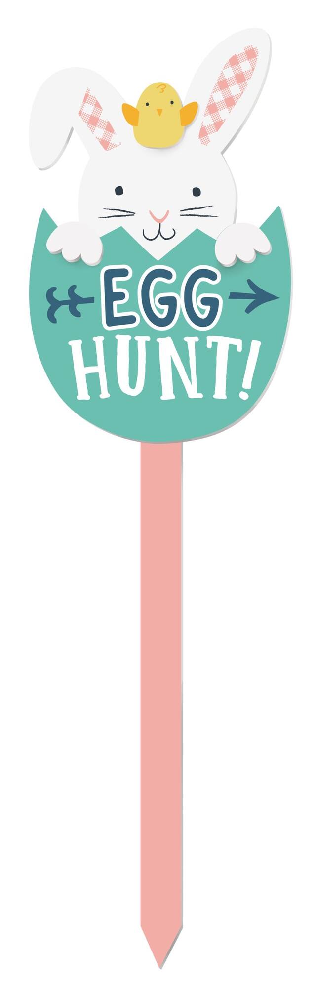 "Egg Hunt" Bunny Rabbit Outdoor Yard Stake Sign Decoration, Blue, 3-ft, for Easter Front_Flat
