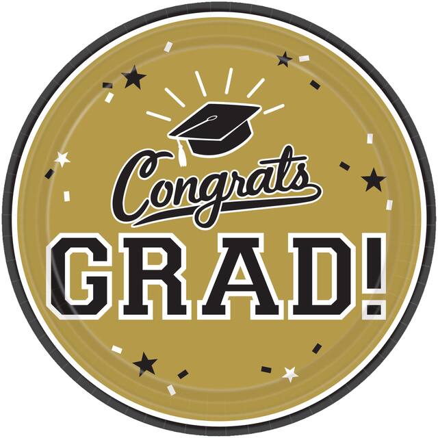 Congrats Grad Dessert Plates, Gold, 18-pk Front_Flat