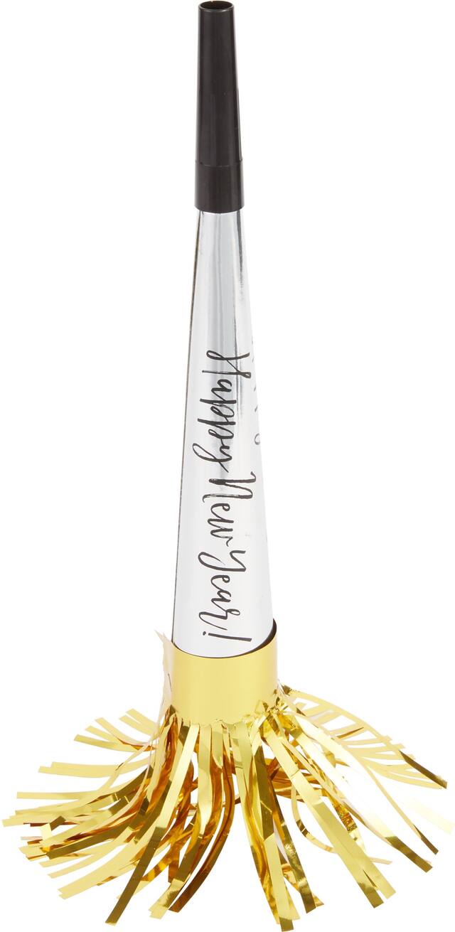 Metallic Black, Gold & Silver New Year's Party Horns, 9-in, 16-pk Front_Flat