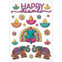 "Happy Diwali" Wall & Window Cling Decal Decorations, Purple/Blue, 6.5-in, 20-pk, for Diwali