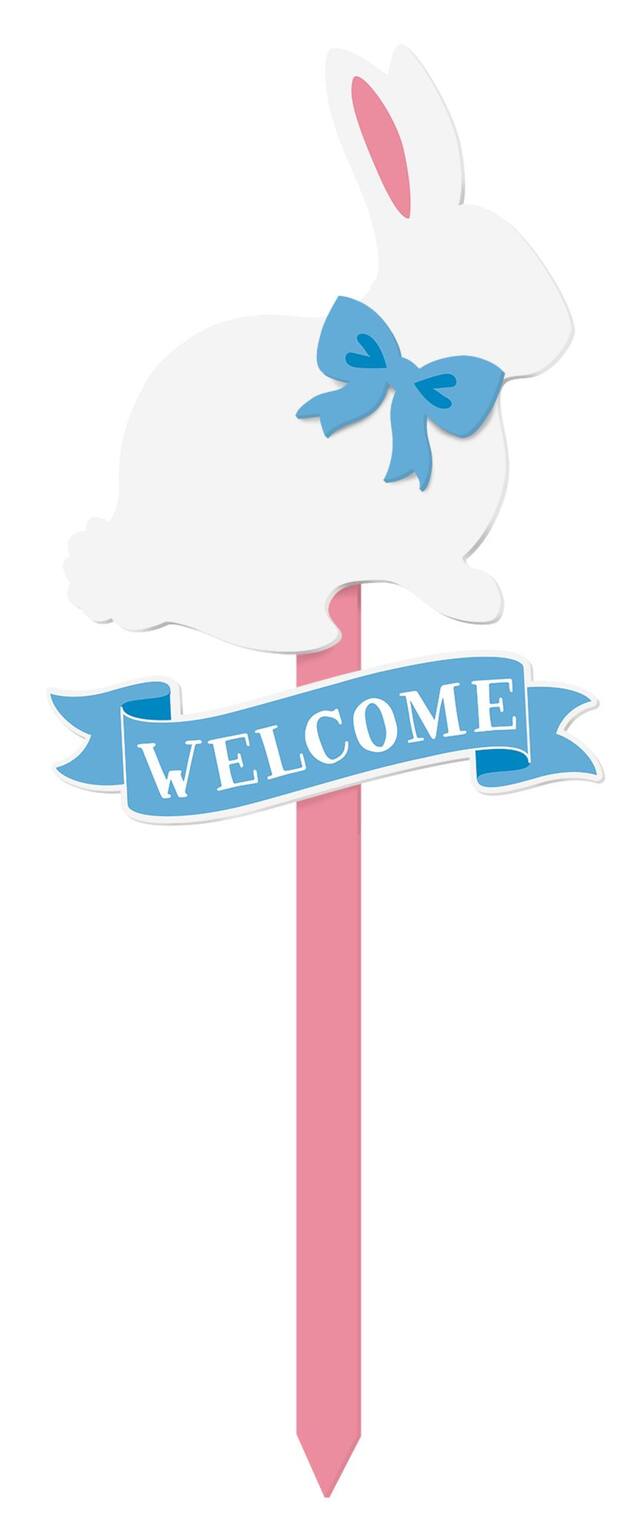 "Welcome" Bunny Rabbit Outdoor Yard Stake Sign Decoration, Blue/Pink, 33.5-in, for Easter Front_Flat
