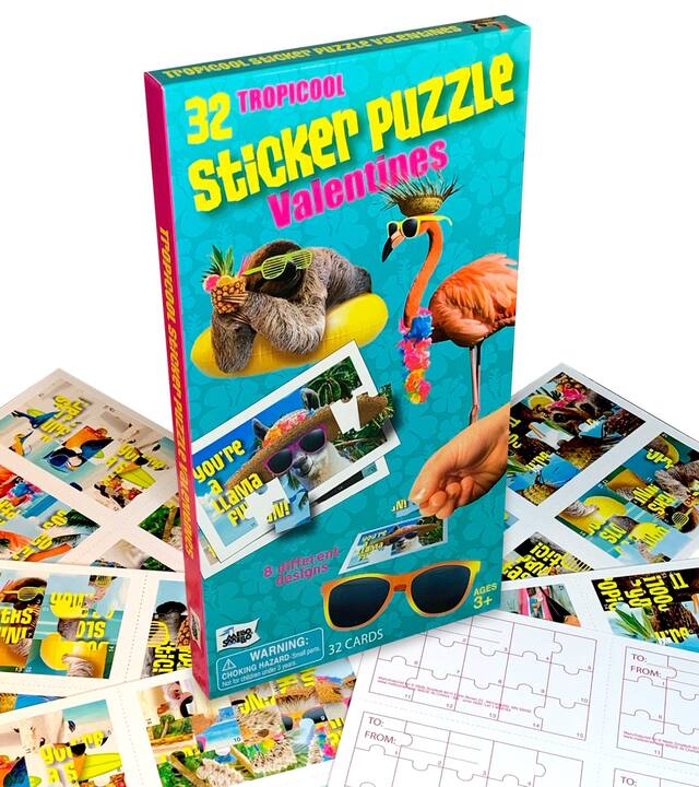 Animal Sticker Puzzle Exchange Cards, Multi-Coloured, 32-pk, for Valentine's Day Front_Three_Fourths_Angled_Right