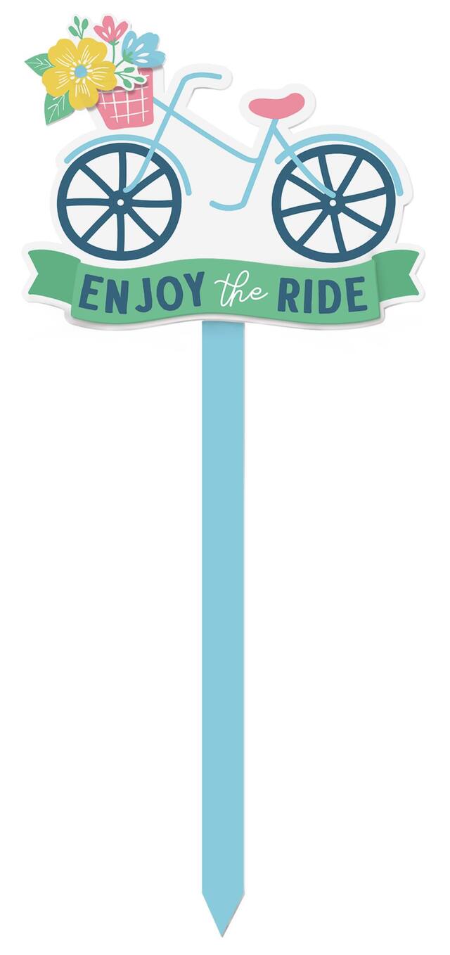 "Enjoy the Ride" Bicycle Outdoor Yard Stake Sign Decoration, Blue/Green, 33.5-in, for Easter/Spring Front_Flat