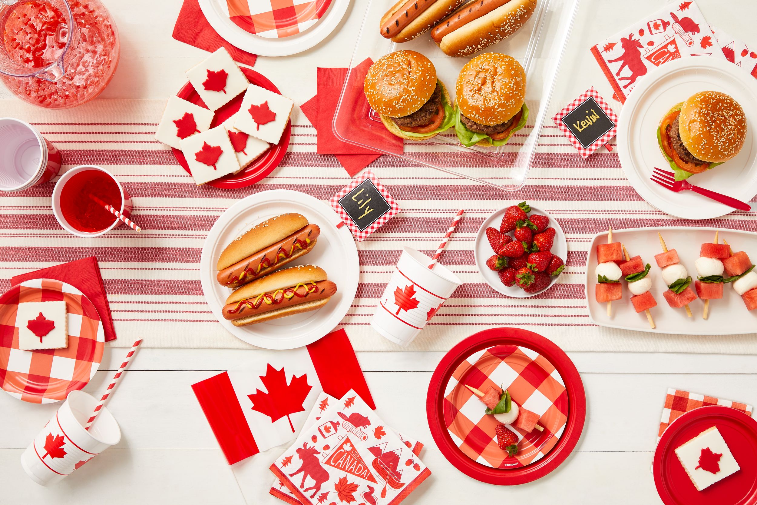 "Canada" Square Paper Disposable Beverage Napkins, Red, 5-in, 30-pk, 2-ply, for Canada Day Overhead_Flat