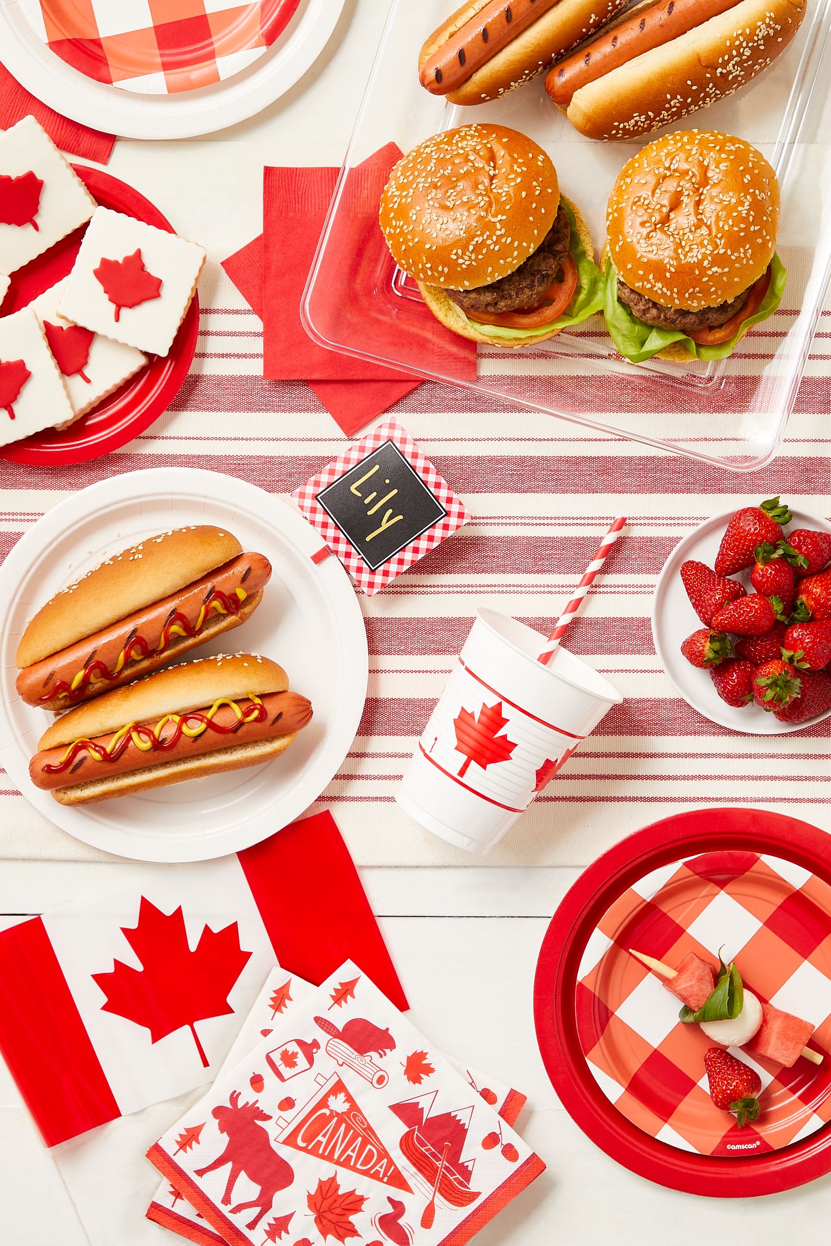 "Canada" Square Paper Disposable Beverage Napkins, Red, 5-in, 30-pk, 2-ply, for Canada Day Overhead_Flat