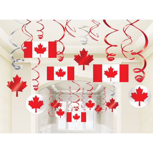 Canadian Flag Swirl Hanging Decorations, Red/White, 10-in, 30-pk, for Canada Day Front_Flat