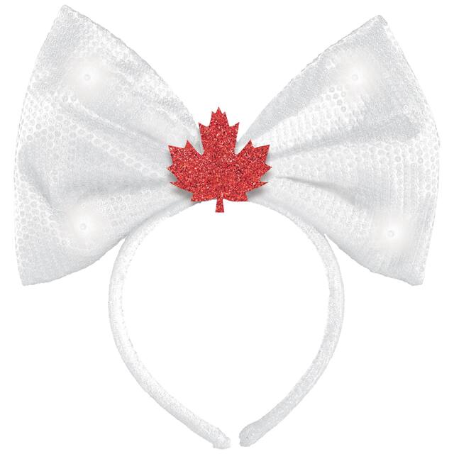 Maple Leaf Light-Up Sequin Bow Headband, Red/White, One Size, for Canada Day Front_Flat