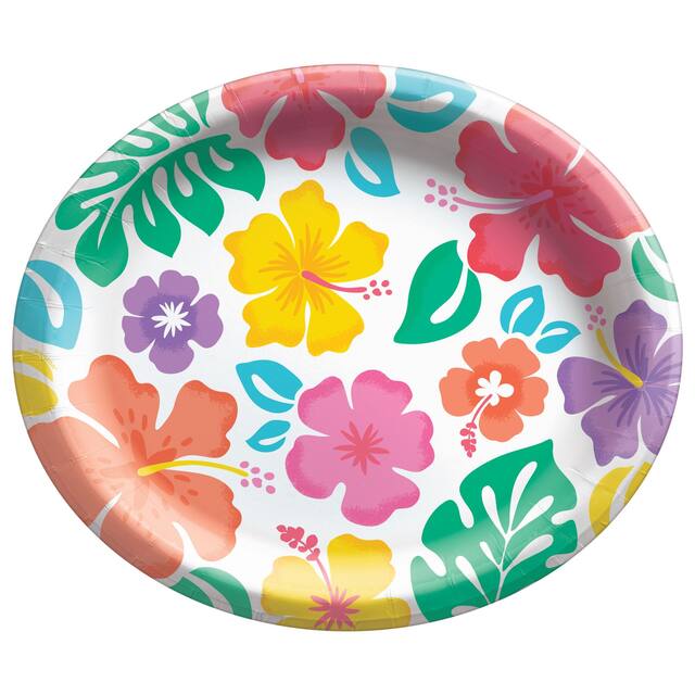 Luau & Hibiscus Oval Paper Disposable Dessert Plates, Multi-Coloured, Floral, 7-in, 20-pk, for Summer Party Overhead_Flat