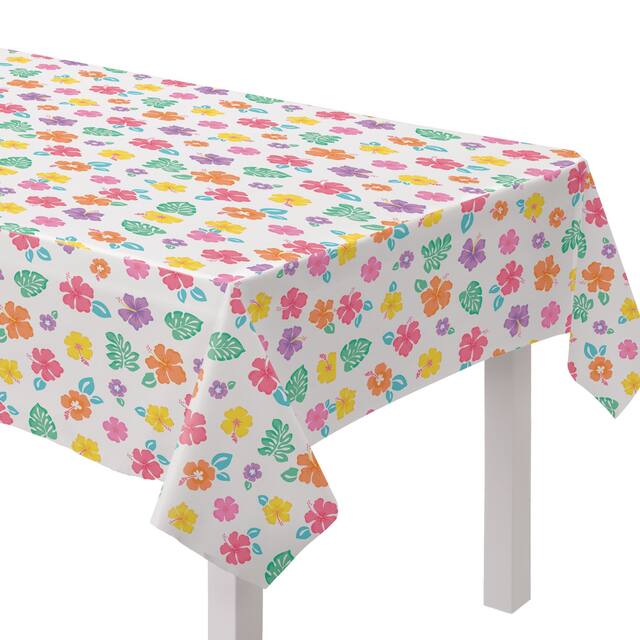 Luau & Hibiscus Rectangle Flannel-Backed Vinyl Reusable Table Cover, Multi-Coloured, Floral, 52x90-in, for Summer Party CloseUp