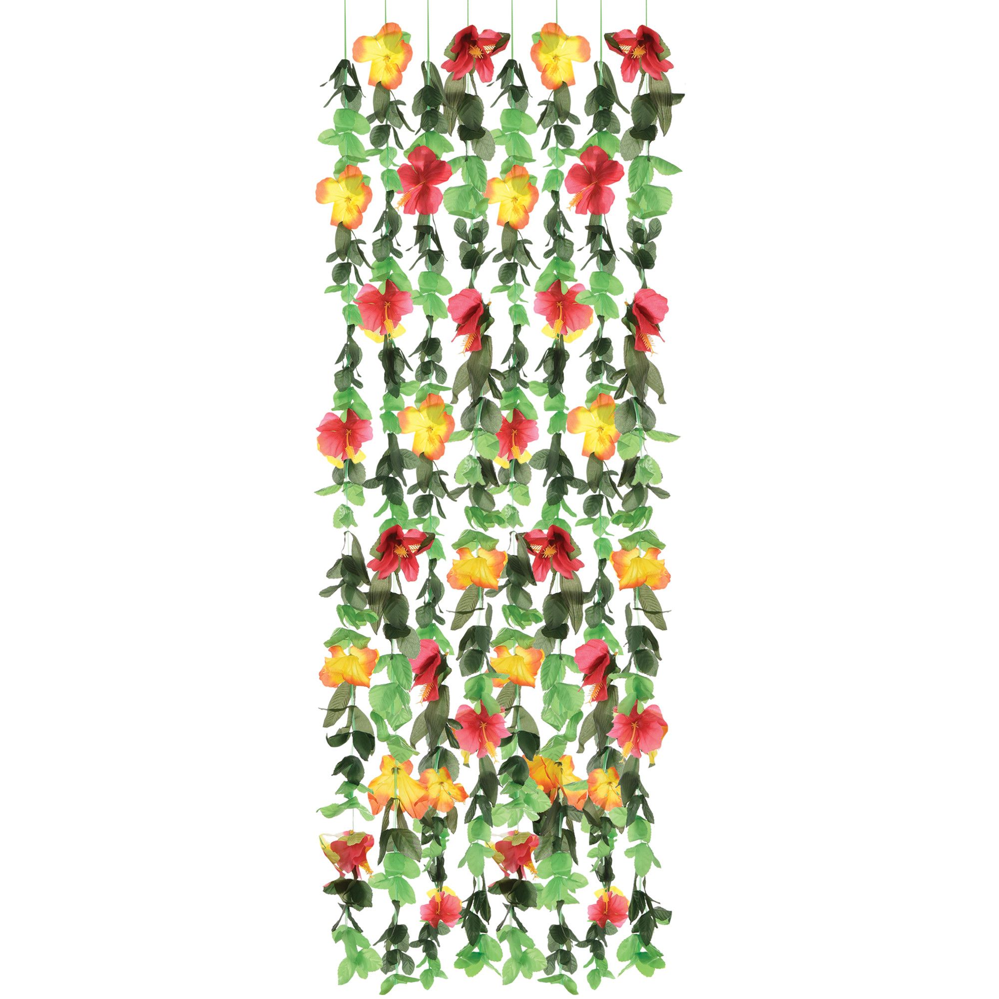 Luau & Hibiscus String Hanging Decorations, Red/Yellow/Green, 7-in, 8-pk, for Summer Party Front_Flat